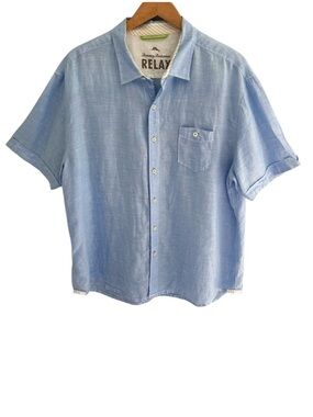 Tommy Bahama Relax Blue 100% Linen Short Sleeve Button Down Top Size XL